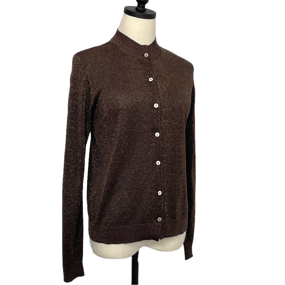 Via Condotti Crew Neck Cardigan Brown with Gold Metallic Flecks Size Medium